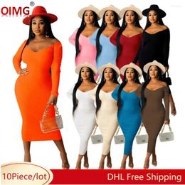 Casual Dresses 10 Wholesale Knitted Rib For Women Long Sleeve Bodycon Dress Sexy V Neck Midi Fall Winter Clothes Party Wear 8429