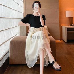 Maternity Dresses Elegant Maternity Summer Dress Beaded V-neck Short Sleeve Chiffon Patchwork Pregnant Woman A-line Dress Block Colour Lady Clothes 24412