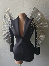 Sparkly Sequins Rhinestones Big Sleeves Black Jacket Sexy Singer Dancer Nightclub Jazz Dance Costume Performance Show Stage Wear