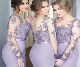 Cheap Lilac Bridesmaid Dresses Mermaid Sheer Neck Long Sleeves Sweep Train Bridesmaid Gowns With Lace Applique Illusion Back Forma2020065