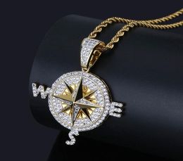 Iced Out Bling Cubic Zircon Compass Necklace Pendant Chain High Quality Hip Hop Gold Silver Color Charm Jewelry Gifts7359909