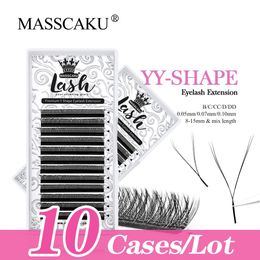 10case/lot MASSCAKU YY Shape Volume Lashes Korean Pbt Fibre Fluffy Matte Black Lash Extension Individual False Y Design Eyelash 240407