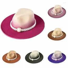 Berets Women Pearl Chain Gentleman Elegant Gradient Rose Wool Vintage Felt Fedora Hat Winter Autumn Caps 58CM Jazz Hats Wholesale