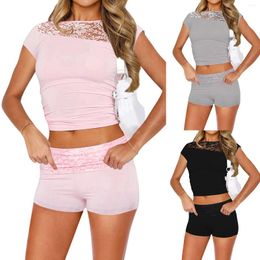 Home Clothing Lace Patchwork Mesh Sexy Sleepwear Women Cute Solid Colour Short Sleeve Slim Fit Pyjamas Sets Cropped Tops Yoga Tracksuit
