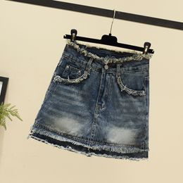 Y2K Denim Mini Skirt Women Plus Size 3XL 4XL 5XL Vintage Tassel Wrap Sexy Skirts Female High Street Blue Black Clothing 2023