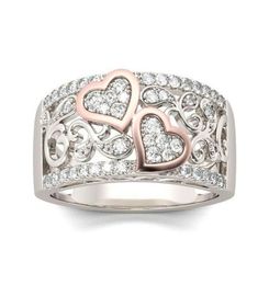Romantic Rose Gold Colour Double Heart Rings for Women Fashion Full Zircon Wedding Band Finger Rings Charming Women Party Jewelry1326988