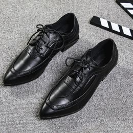 Casual Shoes Cross-tied Woman Single Brogue Pointed Toe Black Flats Soft Leather Comfy Career Sewing Female Chunky Ol Footwear 40