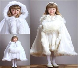 Cute Winter Wedding Coat Princess Flower Grils Bridal Cape Ivory Satin with Fur Trim Wedding Cloak Vintage Christmas Accessories9047947