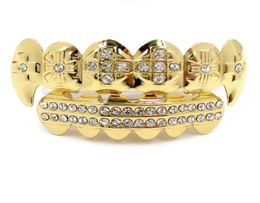 New Arrived Gold Teeth Caps 6Top Bottom Set Iced Out Rhinestone Custom Fit Hip Hop Style3588876