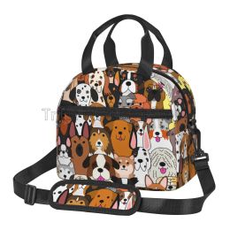 Cute Dogs Pug Pattern Insulated Lunch Bag for Kids Adults Reusable Portable Thermal Bento Tote with Adjustable Strap for Picnic