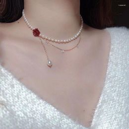 Choker Romantic Pearl Rose Flower Clavicle Chain Necklace For Women Ladies Korean Fashion Camellia Y2K Aesthestic Jewellery