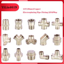 1/2" 20mm Copper Electroplating Pipe Fitting 2 3 4 Way Connector Internal and External Threads Brass Fittings Water Fuel Adapter