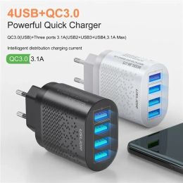 USLION EU/US Plug USB Charger 3A Quik Charge 3.0 Mobile Phone Charger For iPhone 14 Samsung Xiaomi 4 Port 48W Fast Wall Chargers