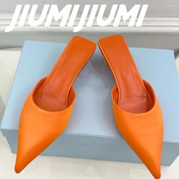 Slippers JIUMIJIUMI Handmade Woman Shoes Pointed Toes Shallow Strange Style Silk Or Lizard Fabric Mules Sexy Solid