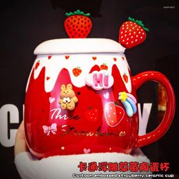 Mugs Strawberry Mug With Lid Spoon High Beauty Girl's Office Lovely Breakfast Coffee Cup Milk Oatmeal Gift Box