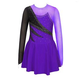 Stage Wear Figure Skating Dress Kids Girls Ballet Tutu Long Sleeve Shiny Rhinestone Gymnastics Leotards Ballroom Competition Costume