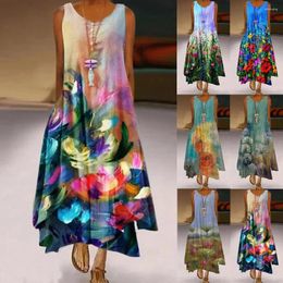 Casual Dresses Bohemian Maxi Dress For Women Female Sleeveless A-Line Round Neck Style Long 2024 Summer Elegent Beachwear