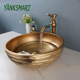 YANKSMNART Bathroom Vessel Sink Faucet Combo Kit Gold Painted Ceramic Vanity Bowl Round Above Counter Basin W/ Pop-up Drain