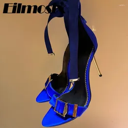 Dress Shoes Super High Heels Pointed Toe Peep Sandals Women Sexy Ankle Strap Metal Thin Heel Satin Belt Buckle