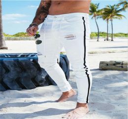 Tejanos Blancos Hombre Hole Mens White Jeans Slim Fit Side Stripe Biker Skinny Spijkerbroeken Heren Denim1451982