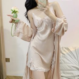 Female Twinset Robe Set Nightgown Summer Women Lace Trim Satin Kimono Sleepwear Nightwear Bathrobe Gown Sleep Suit Lingerie