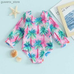 One-Pieces 6M-5T Girl Long Sleeve Swimsuit V Neck Front Knotted Tree Flower Rash Guard Swimwear Infant Toddler Little Girl Bathing Suit Y240412