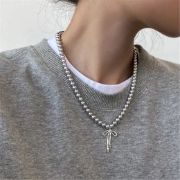 634C Fashionable Choker with Pendant Graceful Bowknot Necklace Gray Pearls Neck Jewelry Accessories 240403