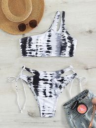 Women's Swimwear Sexy Tie Dye One Shoulder Strappy Bikini Female Swimsuit Women Two-pieces Set Bather Bathing Suit Swim K4287