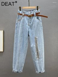 Women's Jeans High Waist Diamond Broken Hole Loose Burrs Blue Wide Leg Denim Harem Pants 2024 Autumn Fashion 29L2708