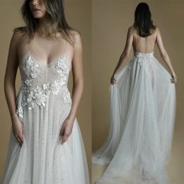 2024 New Wedding Dresses Spaghetti Straps Lace Applique Sequins Bridal Gowns Custom Made Open Back Sweep Train A-Line Wedding Dress
