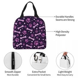 Cute Purple Paw Print Insulated Lunch Bags Large Bone Animal Reusable Cooler Bag Lunch Box Tote Work Outdoor Food Bag