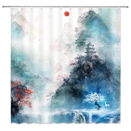 Shower Curtains Chinese Style Ink Painting Curtain Lofty Mountains Sun Plum Blossom Ethereal Winter Scenic