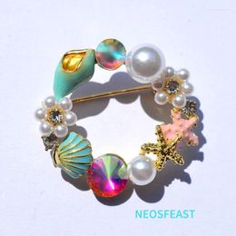 Brooches Multi Colour Enamelled Conch And Shell Rhinestone For Women Pearl Corsage Pin Ladies Gifts Accessories Fashion Jewellery