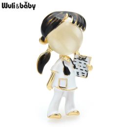 Wuli&baby Black Brown Hair Doctor Nurse Brooches For Women Unisex Enamel Hospital Figure Party Office Brooch Pin Gifts