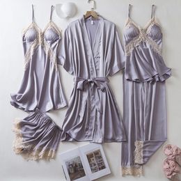 5PCS Pyjamas Set Sexy Pink Lace Trim Wedding Robe Nightgown Set Spring Summer Women Sleepwear Bathrobe Gown Loose Satin Homewear