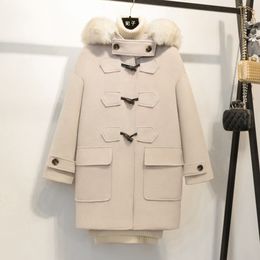 FEIZI Princess~Classic Cow Horn Button~Large Fur Collar Hooded Woolen Coat Women's 2022 Winter New Woolen Coat