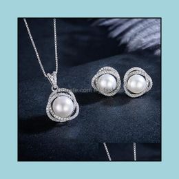 Earrings & Necklace Delicate Pearl Pendant Stud Set 9-10Mm Large Oblate Earring For Women Mom Anniversary Gift Jewellery High Dhgarden Dh5Rh