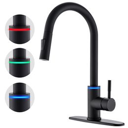 LED Kitchen Faucets Solid Brass Black Single Handle Kitchen Basin Faucets Deck Mounted Hot&Cold Water Mix Tap 866069