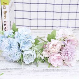 Dried Flowers Artificial Flowers Peony Sky Blue Fake Flowers Hydrangea High Quality Luxurious Bouquet Wedding Decoration for Home Table Decor