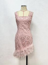 Casual Dresses Pink Birthday Dress For Women Clothing Sexy Sleeveless Women's Feather Patchwork Elegant Gowns Red Luxury Party Outfits