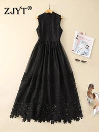 Casual Dresses ZJYT Runway 2024 Spring Summer Black Embroidery Lace For Women Sleeveless Long Evening Party Dress Elegant Special Event
