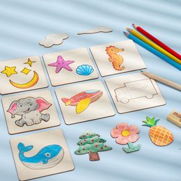 Children Drawing Template Toys Wooden DIY Painting Doodle Stencils Template Craft Toys Montessori Kid Learning Educational Gifts