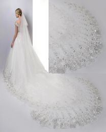 Cathedral Length Lace Appliques Wedding Veils Tulle Long Rhiinestones Sequins white ivory tulle Bride Veil custom made9359497