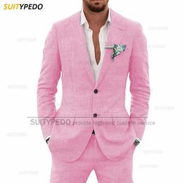 Casual Linen Suit Set For Men Wedding Party Tailormade Fashion Notch Lapel Outfits Holiday Slim Fit Male Blazer Pants 2 Pieces 240412