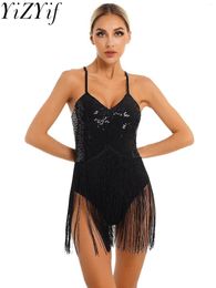 Stage Wear Womens Glitter Sequins Fringed Bodysuit V Neck Adjustable Straps Tassel Leotard Dance Performance Costume Latin