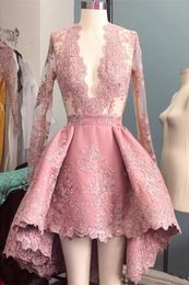 High Low Pink Lace Cocktail Dresses Modest V Neck A Line Special Occasion Imported Party Dress Vestido De Festa Prom Dress Long Sl4234327