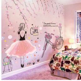 SHIJUEHEZI Cartoon Girl Wall Stickers PVC Material DIY Peach Flowers Bicycle Wall Decal for Kids Rooms Baby Bedroom Decoration2070