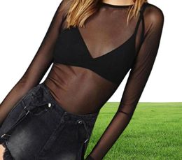 Womens TShirt Seethrough Sheer Mesh Long Sleeve Tee Top Club wear Perspective Pullover Black Sexy Girl Clothing2524625