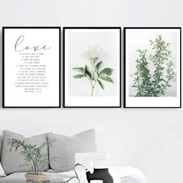 Green Palm Jasmine Flower Love Quotes Wall Art Canvas Painting Nordic Posters And Prints Wall Pictures For Living Room Decor