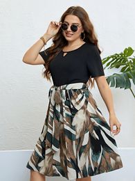 Plus Size Cut Out Crew Neck Womnes Dress Patchwork ALine Colour Block Short Sleeves Robe Waist Drawstring Belt Summer Sundress 240411